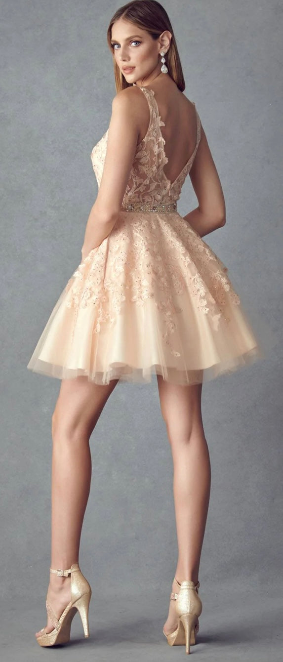 Juliet 853 Homecoming Short Dress Floral Lace Applique A-Line