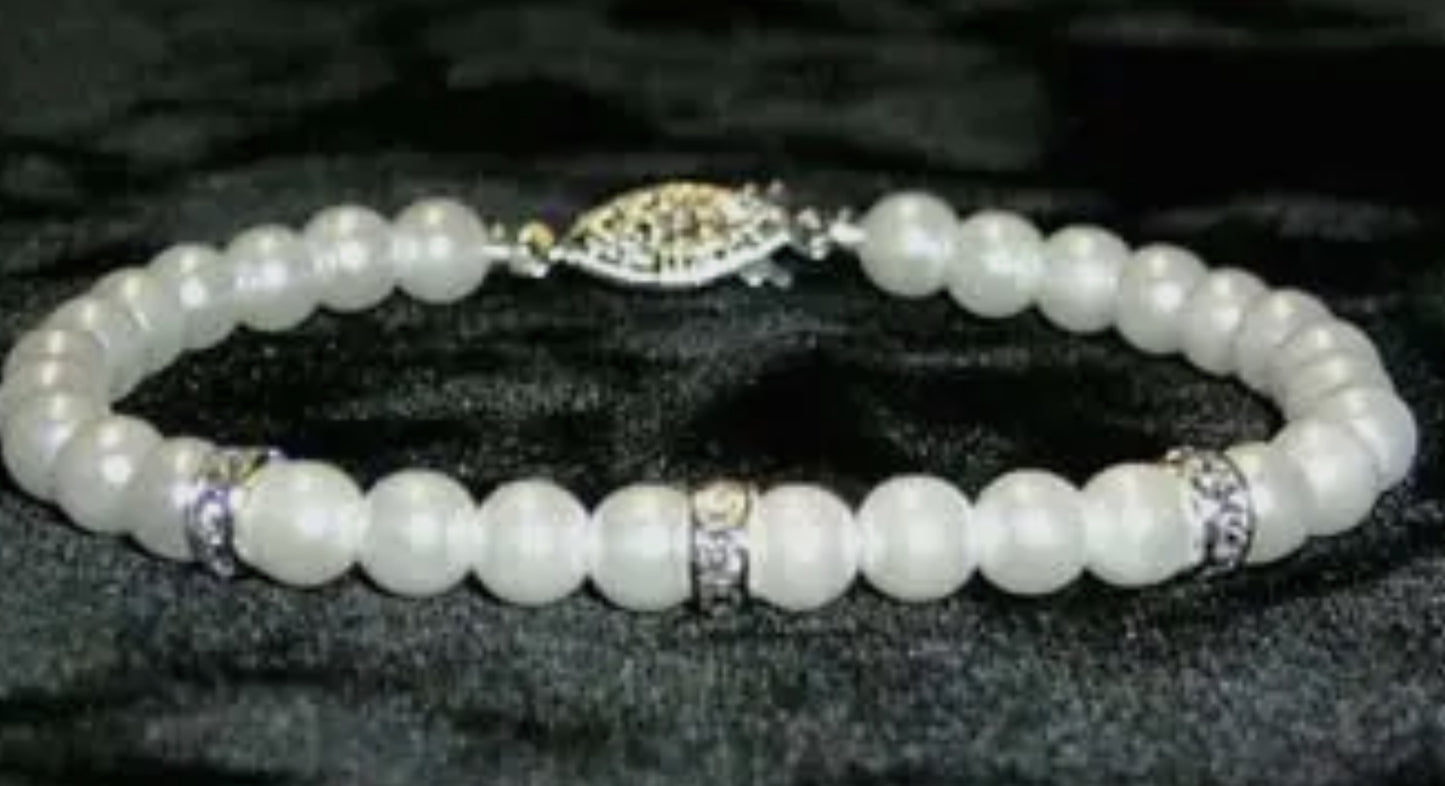 6mm Simulated White Pearl and Rhinestone Spacers Bracelet