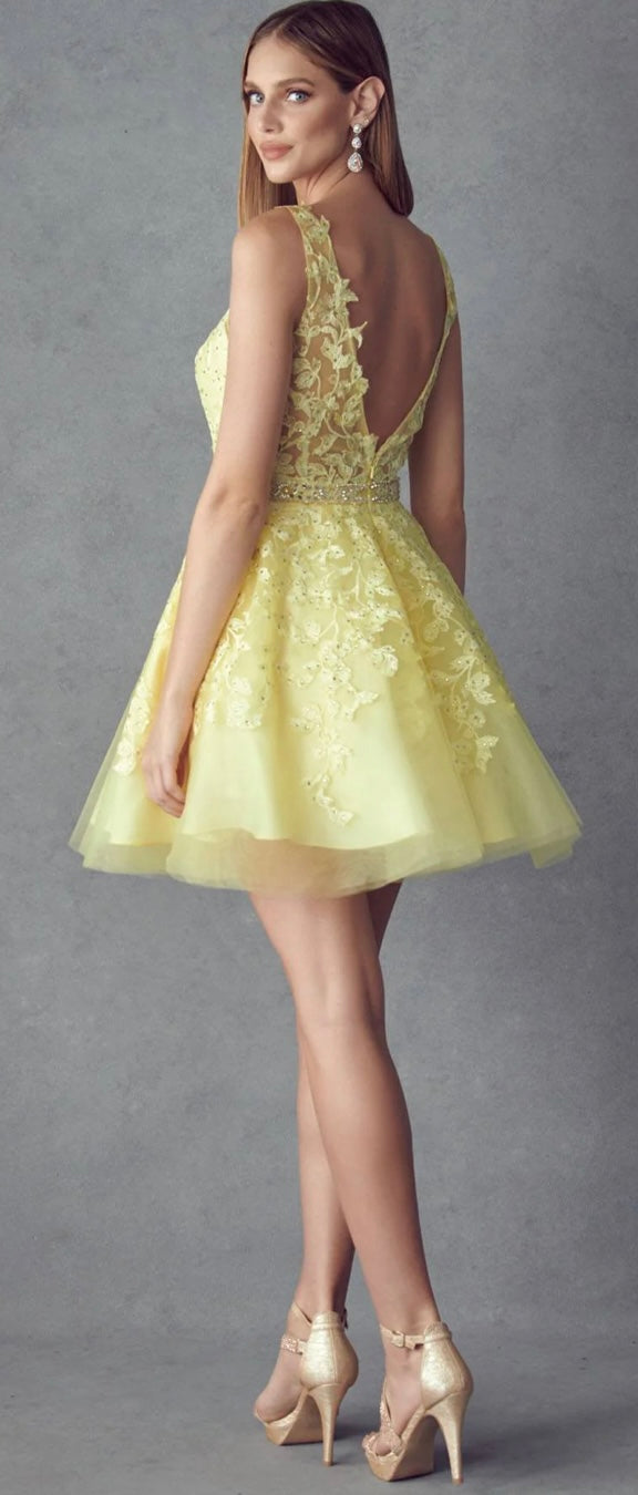 Juliet 853 Homecoming Short Dress Floral Lace Applique A-Line