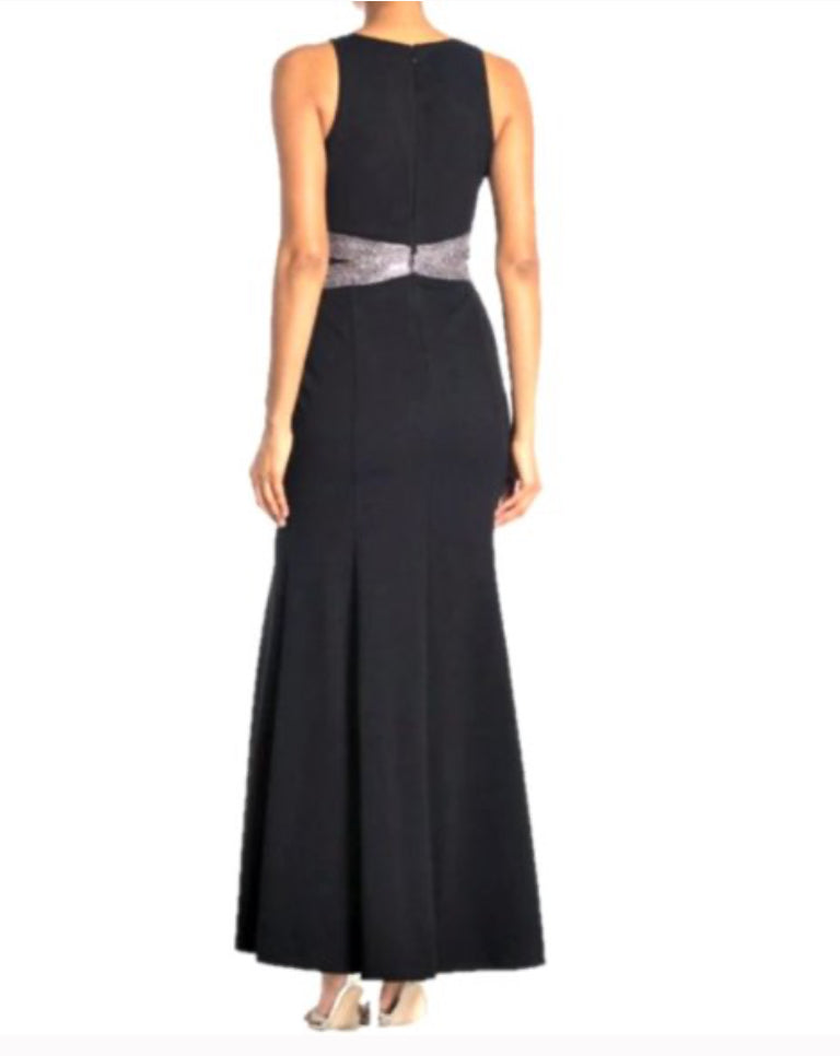 MARINA black silver waist maxi dress