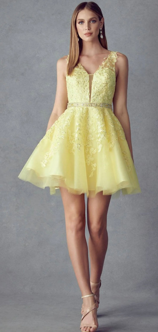 Juliet 853 Homecoming Short Dress Floral Lace Applique A-Line