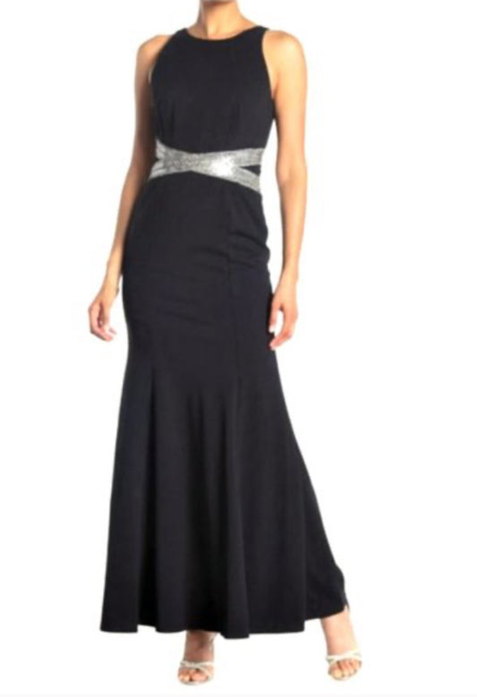 MARINA black silver waist maxi dress