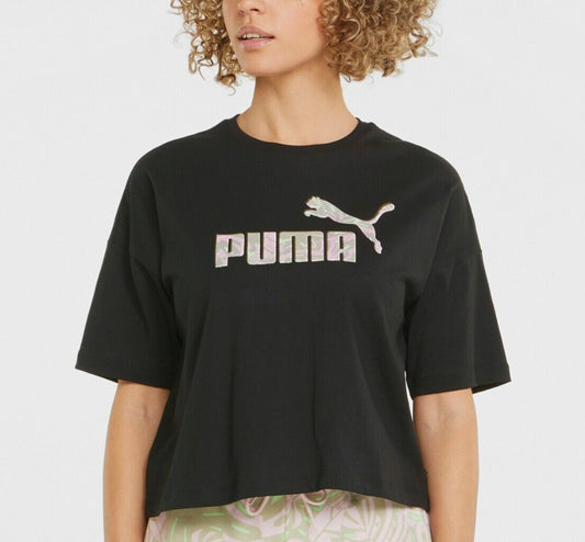 PUMA Women's Black Floral Vibes Cotton Cropped T-Shirt Top