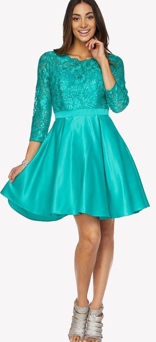 Juliet 796 Lace Sequins Top Mid-Length Sleeves A-Line Short Dress