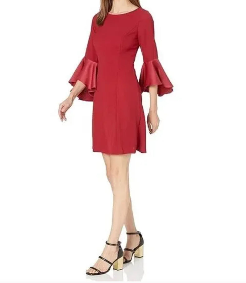 Adrianna Papell Women's Crepe-Back Satin Ruffle Sleeve Dress