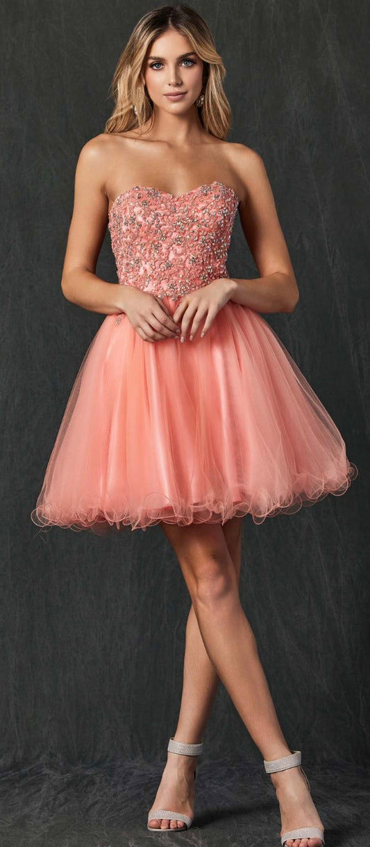 Juliet 787 Strapless Applique Jeweled Bodice Short Dress