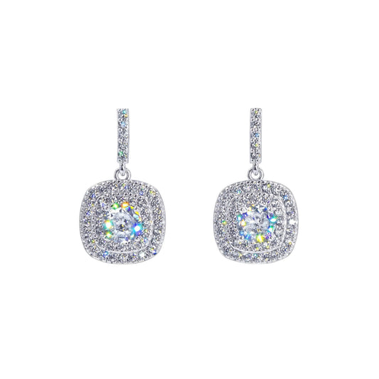 Square Drop Halo-Set Cz Earrings 1"