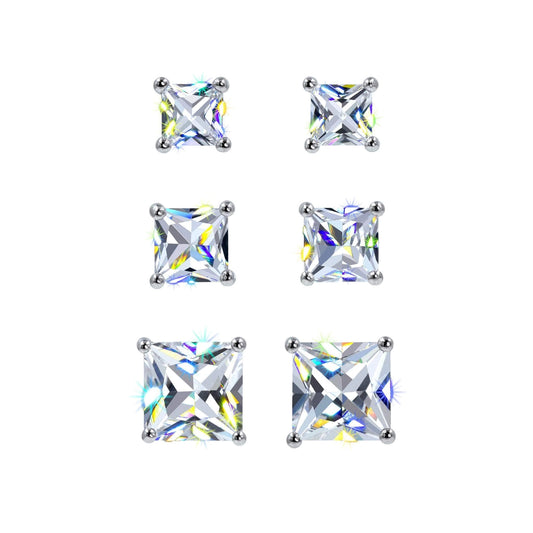 Princess-Cut Cubic Zirconia Stud Earrings Trio Set