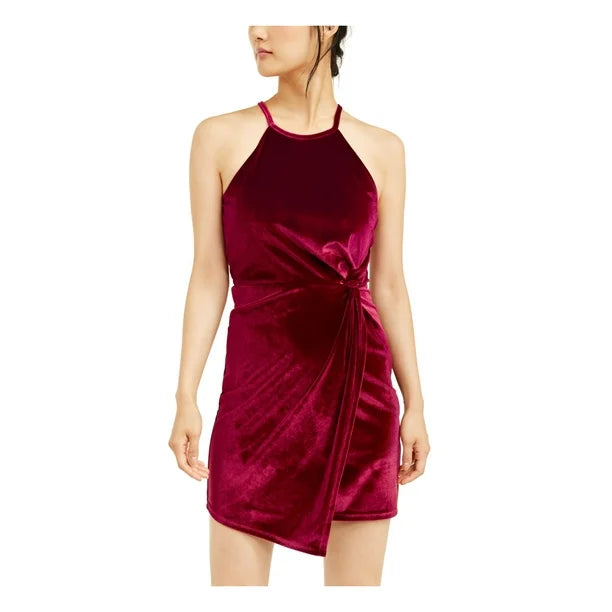 CRYSTAL DOLLS Womens Red Velvet Knot-front Sleeveless Halter Mini
