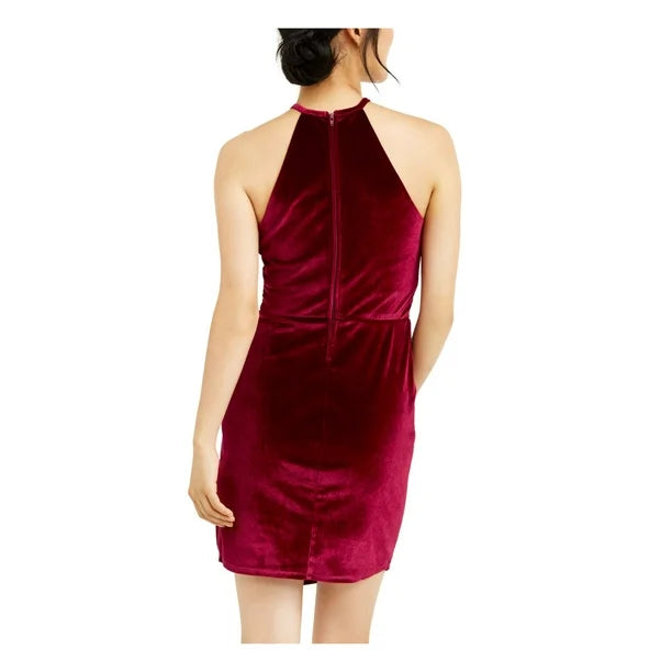 CRYSTAL DOLLS Womens Red Velvet Knot-front Sleeveless Halter Mini