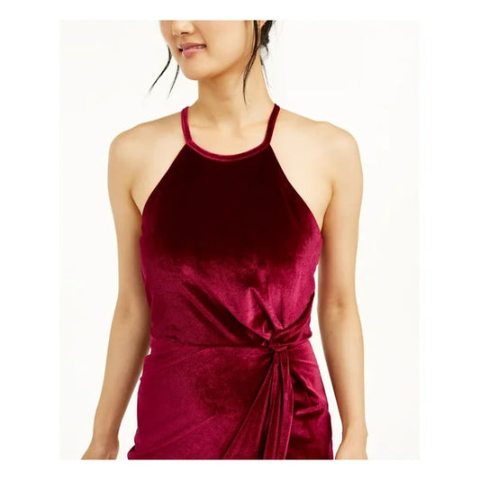 CRYSTAL DOLLS Womens Red Velvet Knot-front Sleeveless Halter Mini